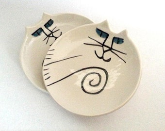 Ceramic cat pottery dish: HM decor dish unique functional plate white black collectible cat lover gift