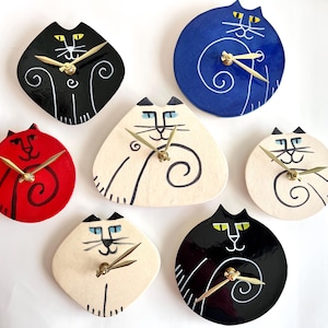 Wall clock: handmade Cat time, whimsical Pottery for kitty lover, playful ceramic wall decor