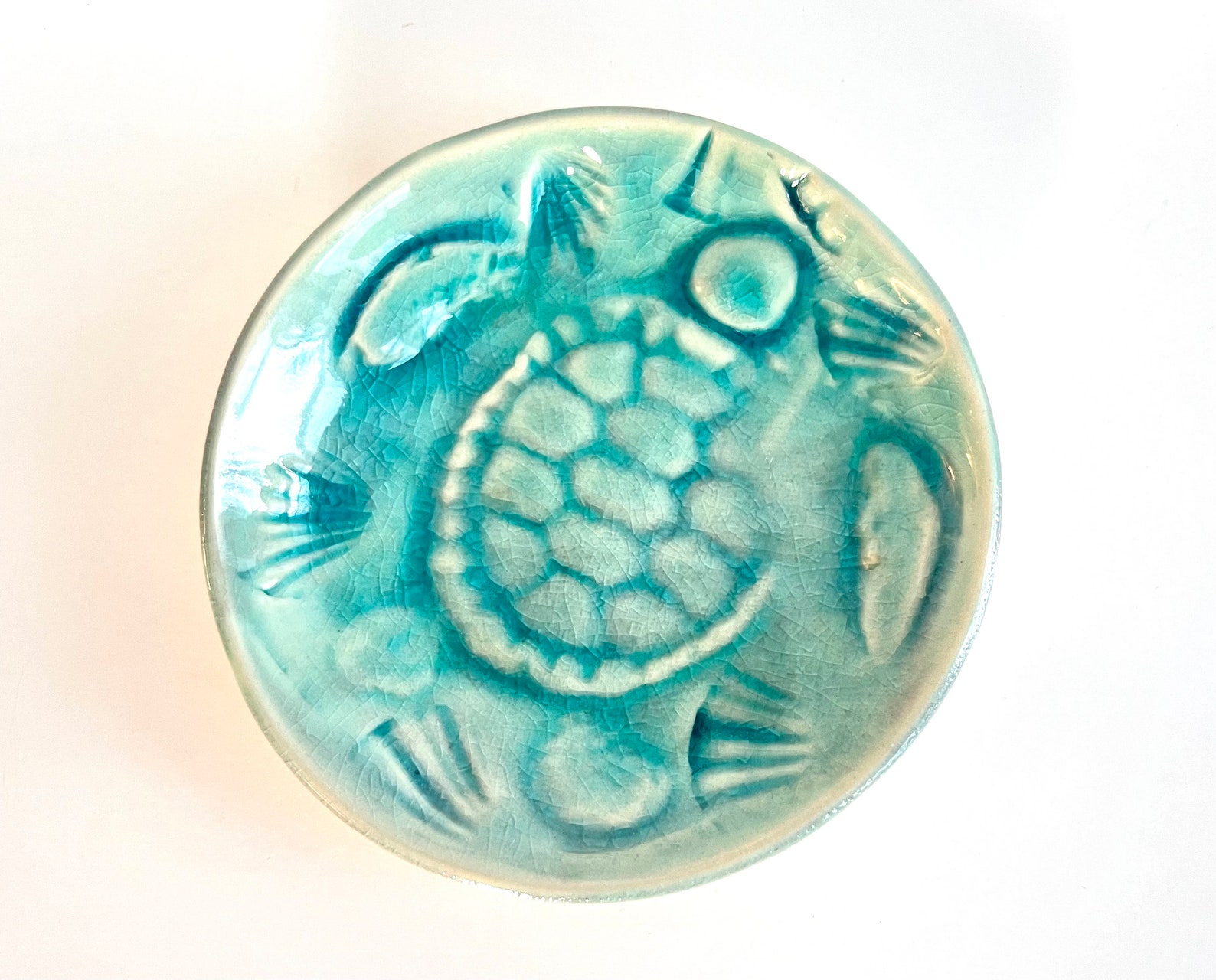 Sea Turtle Soap Dish Nautical Pottery Aqua. Beach House Decor Trinket