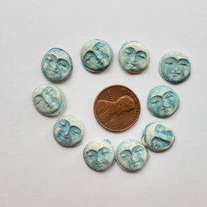 10 blue or gold moon ceramic face cabochons HM stoneware clay rustic flat beads image 2