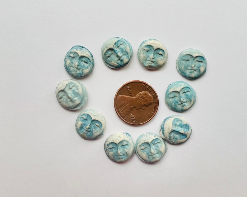 10 blue or gold moon ceramic face cabochons HM stoneware clay rustic flat beads image 2