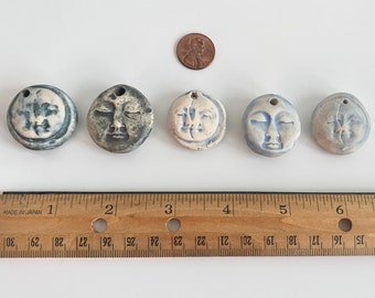 5 blue ceramic face pendants HM stoneware clay rustic double sided beads