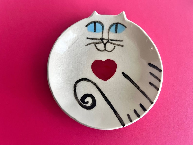 Pottery Cat plate square handmade clay white wearing red heart Valentine gift image 2