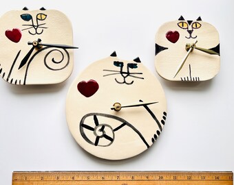 Wall clock: handmade Cat time, whimsical Valentine Pottery for kitty lover, playful ceramic wall decor