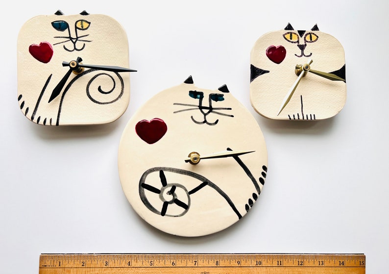 Wall clock: handmade Black Cat time, whimsical Valentine Pottery for kitty lover, playful ceramic wall decor image 4