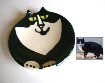 Custom pottery cat dish: handmade to order 5" stoneware plate of your kitty unique personalized cat lover art