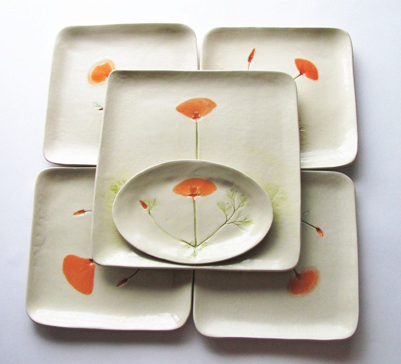 California Poppy: pottery ring dish handmade botanical decor plate orange white green image 4
