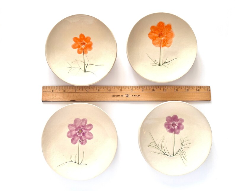 Botanical design ceramic Dish: orange or purple white stoneware clay with pressed Cosmos flower 6 plate handmade by gardener image 1