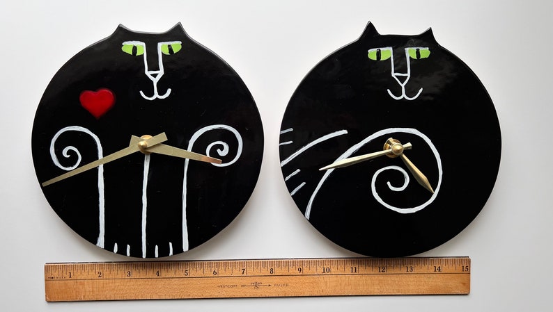 Wall clock: handmade Black Cat time, whimsical Valentine Pottery for kitty lover, playful ceramic wall decor image 3