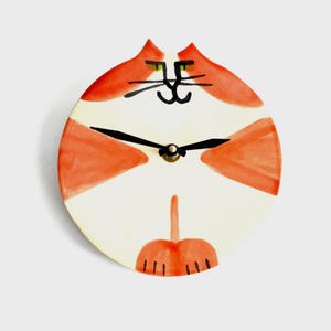 Whimsical Cat Pottery Wall Clock: Handmade Ceramic round feline Decor orange white