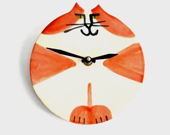 Whimsical Cat Pottery Wall Clock: Handmade Ceramic round feline Decor orange white