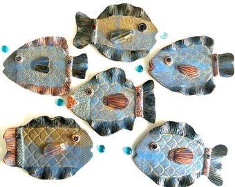 Whimsical Fish Wall Decor: Handmade unique colorful Nautical Pottery