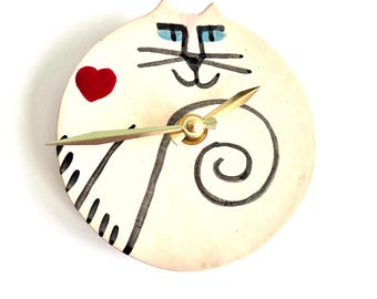 Handmade White happy Cat Wall Clock: Whimsical Ceramic Pottery Decor