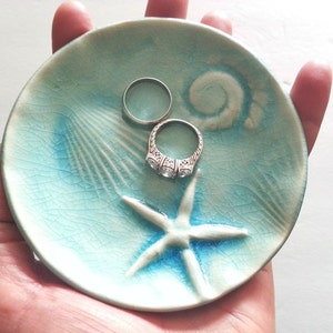 soap dish starfish fossil trinket treasure aqua ocean glaze handmade ring dish day at the beach ceramic ocean design image 2