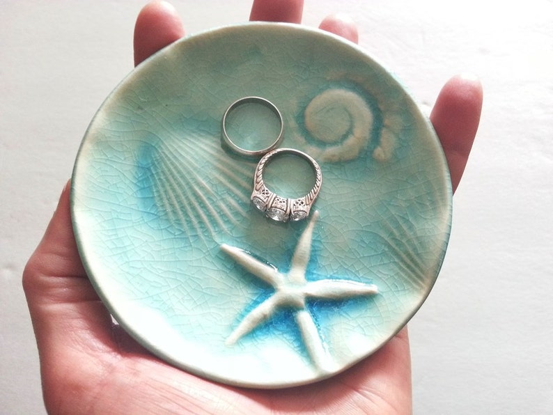 soap dish starfish fossil trinket treasure aqua ocean glaze handmade ring dish day at the beach ceramic ocean design image 2