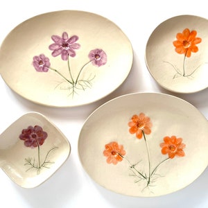 Botanical design ceramic Dish: orange or purple white stoneware clay with pressed Cosmos flower 6 plate handmade by gardener image 3