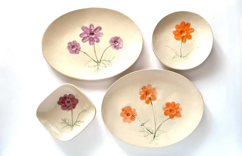 Botanical design ceramic Dish: orange or purple white stoneware clay with pressed Cosmos flower 6 plate handmade by gardener image 3