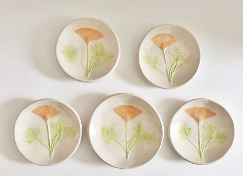 California Poppy: pottery ring dish handmade botanical decor plate orange white green image 1