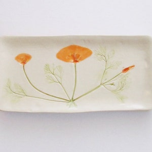 California Poppy: pottery ring dish handmade botanical decor plate orange white green image 5
