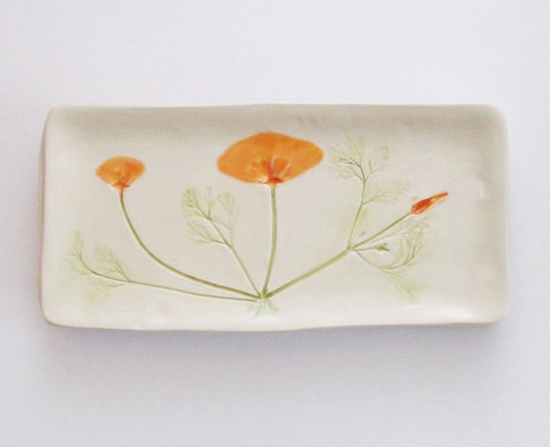 California Poppy: pottery ring dish handmade botanical decor plate orange white green image 5