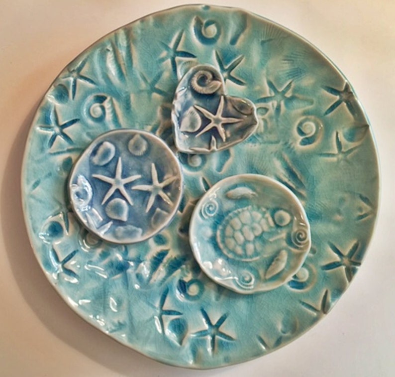 soap dish starfish fossil trinket treasure aqua ocean glaze handmade ring dish day at the beach ceramic ocean design image 6