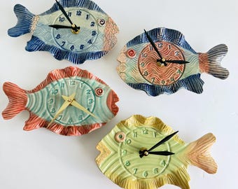 Handmade Pottery Fish Wall Clock: with numbers Whimsical unique happy colorful ceramic Nautical Decor