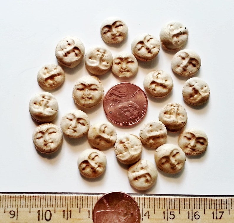 10 blue or gold moon ceramic face cabochons HM stoneware clay rustic flat beads image 1