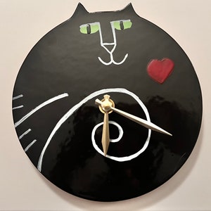 Wall clock: handmade Black Cat time, whimsical Valentine Pottery for kitty lover, playful ceramic wall decor image 1