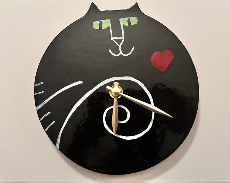 Wall clock: handmade Black Cat time, whimsical Valentine Pottery for kitty lover, playful ceramic wall decor image 1