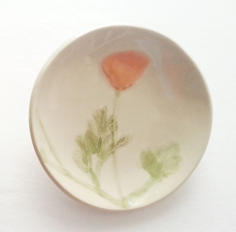 California Poppy: pottery ring dish handmade botanical decor plate orange white green image 2
