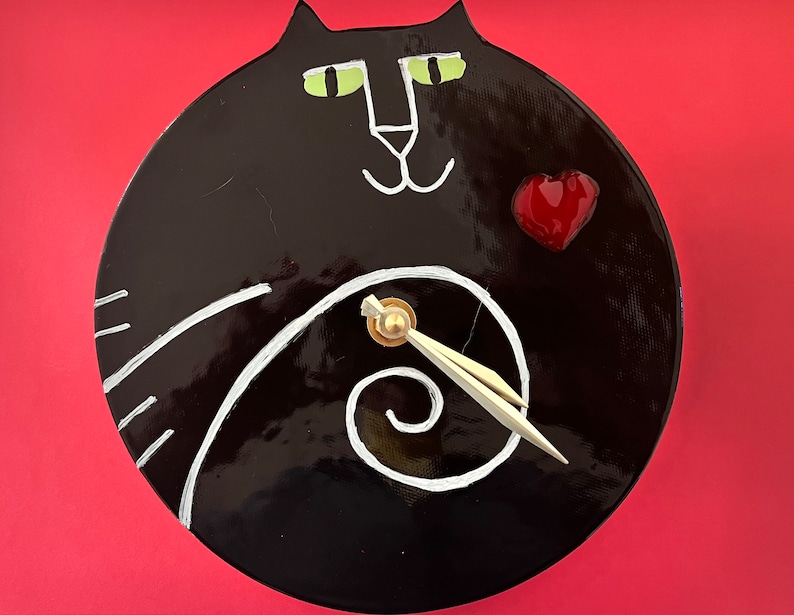 Wall clock: handmade Black Cat time, whimsical Valentine Pottery for kitty lover, playful ceramic wall decor image 2