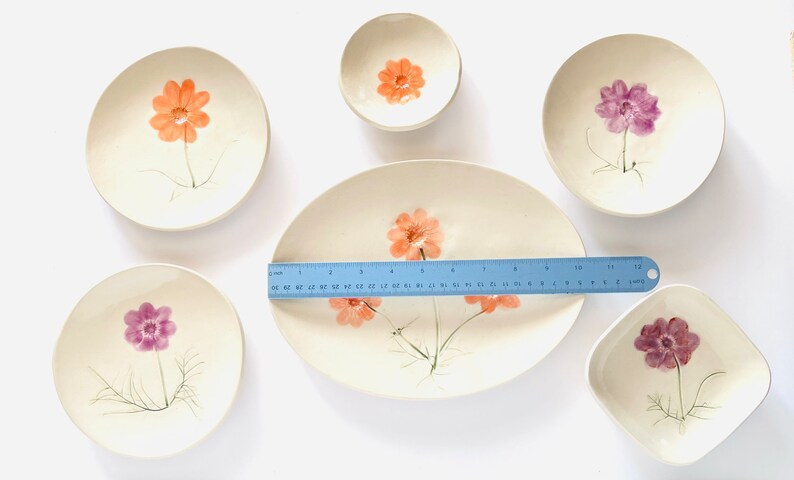 Botanical design ceramic Dish: orange or purple white stoneware clay with pressed Cosmos flower 6 plate handmade by gardener image 2