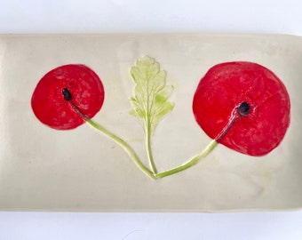 Red Poppy: pottery tray handmade botanical decor plate red white green jewelry dresser tray