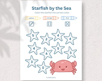 Preschool Pre-K + Kindergarten Learning Worksheet, Printable Activity Worksheets, Starfish by the Sea, Summer Themed Preschool Printable