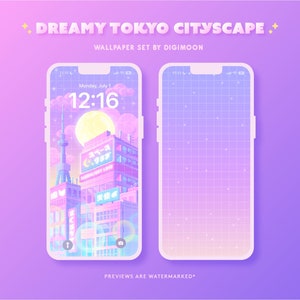 Set di sfondi per la schermata di blocco e la schermata iniziale con il paesaggio urbano di Tokyo da sogno