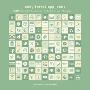 May include: A grid of app icons in shades of green and cream, labeled "cozy forest app icons." The icons represent various apps, including social media, streaming services, and shopping platforms. Text at the top reads "220+ Essential IOS & Android Apps + Popular Common Apps + Filler designs."