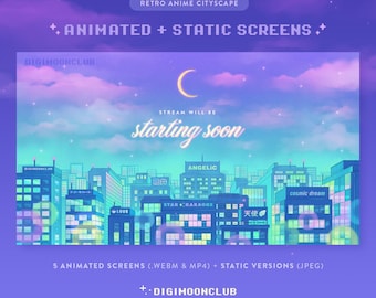 Retro Anime Cityscape Stream Overlay Status Screens – Animated & Static (Digital Download)
