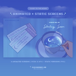 Ticket to the Moon-skärmpaket – Twitch Stream-scener överlägg | Statusbanners | Animerad | Retro | Anime | Blå | Delmål | Vtuber