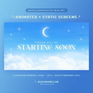 Magical Moonlight Sky Pack (BLAUW) – Twitch Stream Scenes-overlay | Statusbanners | Geanimeerd | Kawaii | Schattig | Anime | Subdoel | Vtuber