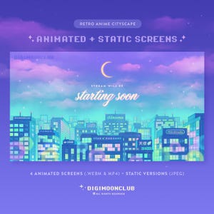 Retro City Screen Pack – Twitch-streamscènes-overlay | Statusbanners | Geanimeerd | Lucht | Anime | Roze Blauw Paars | Subdoel | Vtuber
