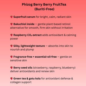 May include: A product label for Phizog Berry Berry FruitTea, with text describing the benefits of the product. The label is on a gradient red background and lists ingredients like superfruit serum, raspberry extract, and berry seed oils.