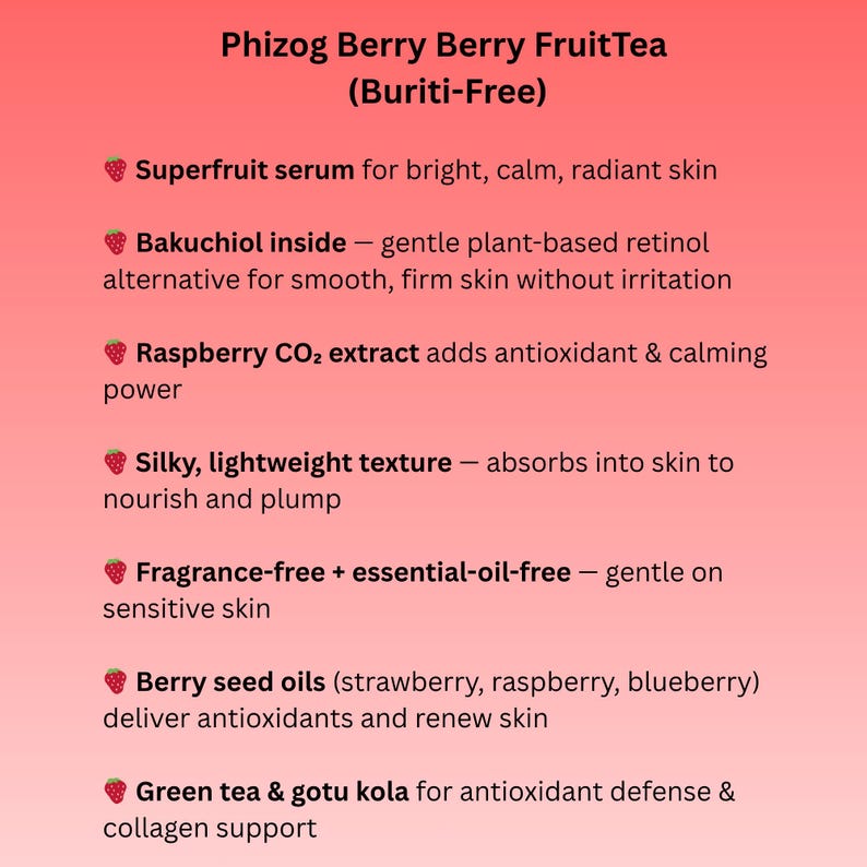 May include: A product label for Phizog Berry Berry FruitTea, with text describing the benefits of the product. The label is on a gradient red background and lists ingredients like superfruit serum, raspberry extract, and berry seed oils.