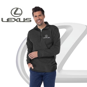 May include: A dark gray quarter-zip pullover sweatshirt with a silver embroidered Lexus logo on the left chest.