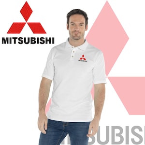 May include: A white polo shirt with a red and black Mitsubishi logo embroidered on the left chest.