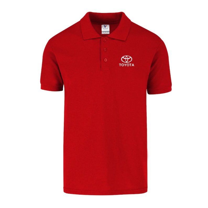 May include: Red short-sleeved polo shirt with a white Toyota logo and the word "TOYOTA" embroidered on the chest.