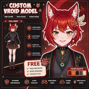 May include: A custom VRoid model featuring an anime-style character with red hair, fox ears, and amber eyes. The character wears a black jacket with gold fox patterns, a dark vest, and layered necklaces. Includes text labels for model features.