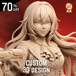 Könnte beinhalten: Eine beige 3D-gedruckte Anime-Figur mit langem, fließendem Haar, einer hochgeschlossenen Jacke mit komplizierten Schnörkeln und einem gerüschten Plastron. Die Figur hält ein futuristisches Gewehr und zeigt den Text CUSTOM 3D DESIGN.