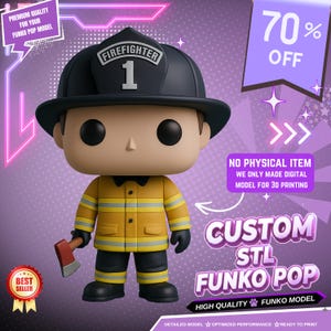 May include: A digital 3D model of a firefighter figurine wearing a black helmet with the text FIREFIGHTER 1, a yellow jacket with reflective stripes, black pants, and black gloves, holding a small red axe. The graphic includes text 70% OFF.