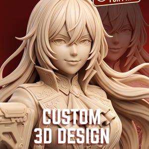 May include: A monochromatic beige 3D figurine of a character with long hair, wearing a collared jacket with intricate detailing. The image includes the text READY FOR PRINT and CUSTOM 3D DESIGN in white lettering against a dark red background.