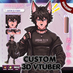 May include: A digital illustration of a wolf-like humanoid avatar with dark hair, pointed ears, and blue eyes. The character wears a black jacket over a shirt labeled URBAN.TECH, a star pendant, and fingerless gloves. Text includes CUSTOM 3D VTUBER.